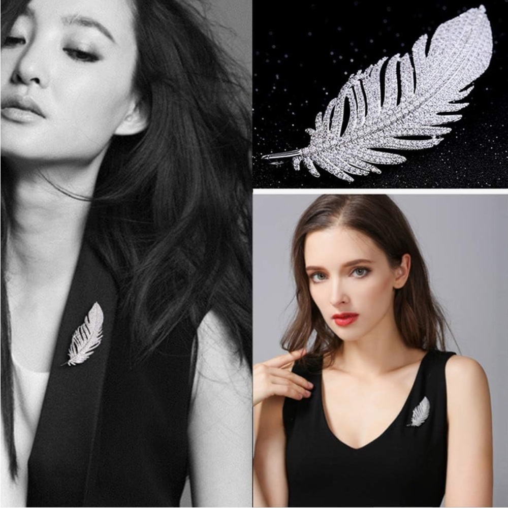 Pave Clear Cubic Zirconia Rhinestone Silver Plated Brass Feather Leaf Br…